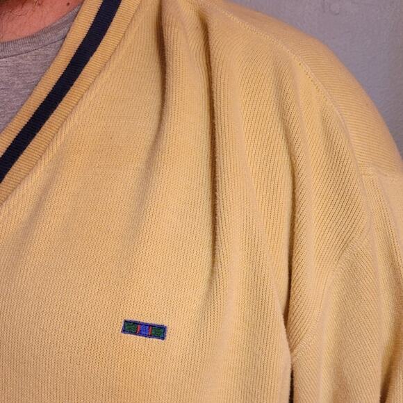 Vintage 90s Alexander Julian Colours Men’s Cotton V Neck Sweater L Yellow Navy - Picture 3 of 8